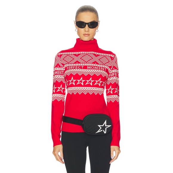 Perfect Moment Sweaters - Perfect Moment Holiday Roll Neck Ski Sweater in Red and White